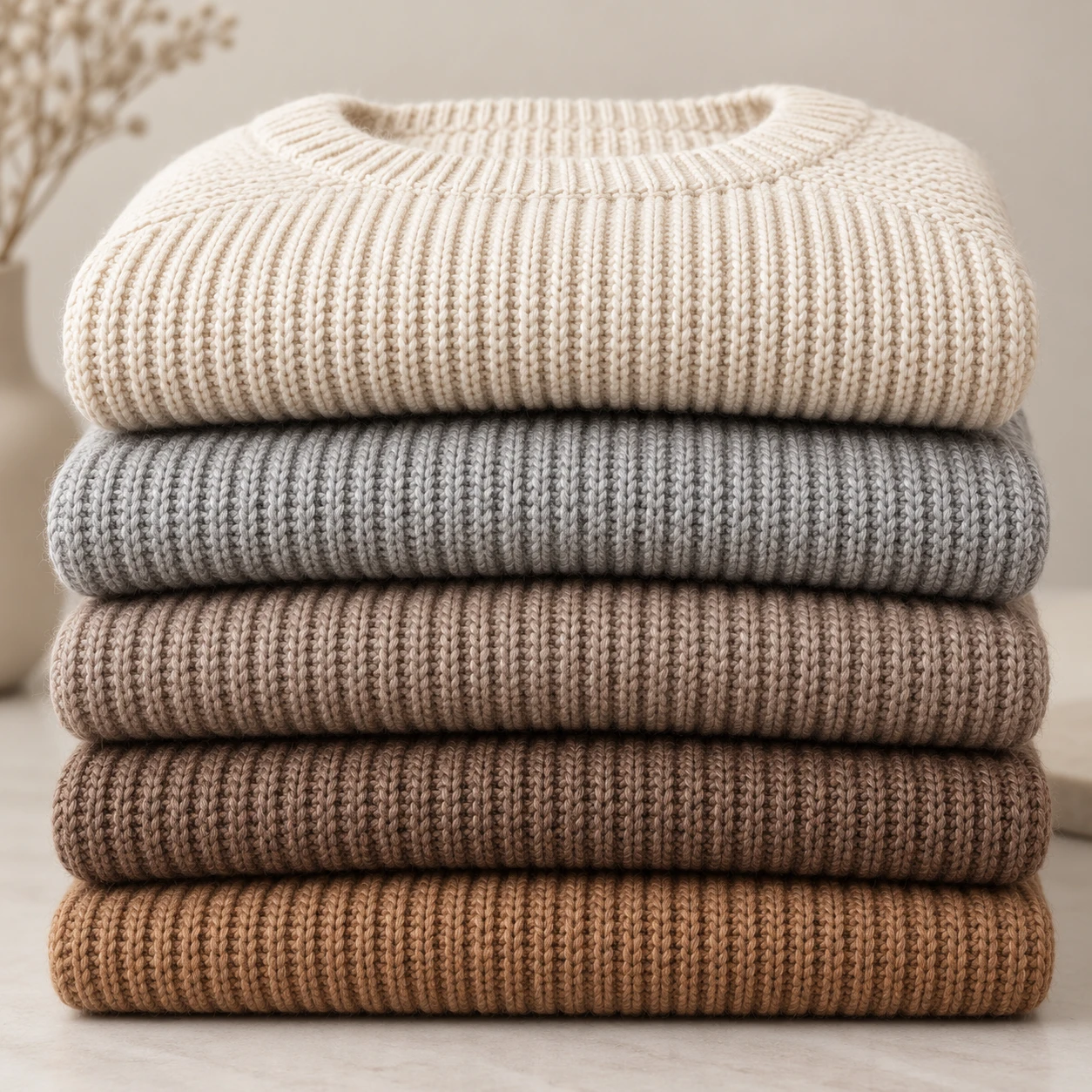 Stacked cream and gray knit sweaters
