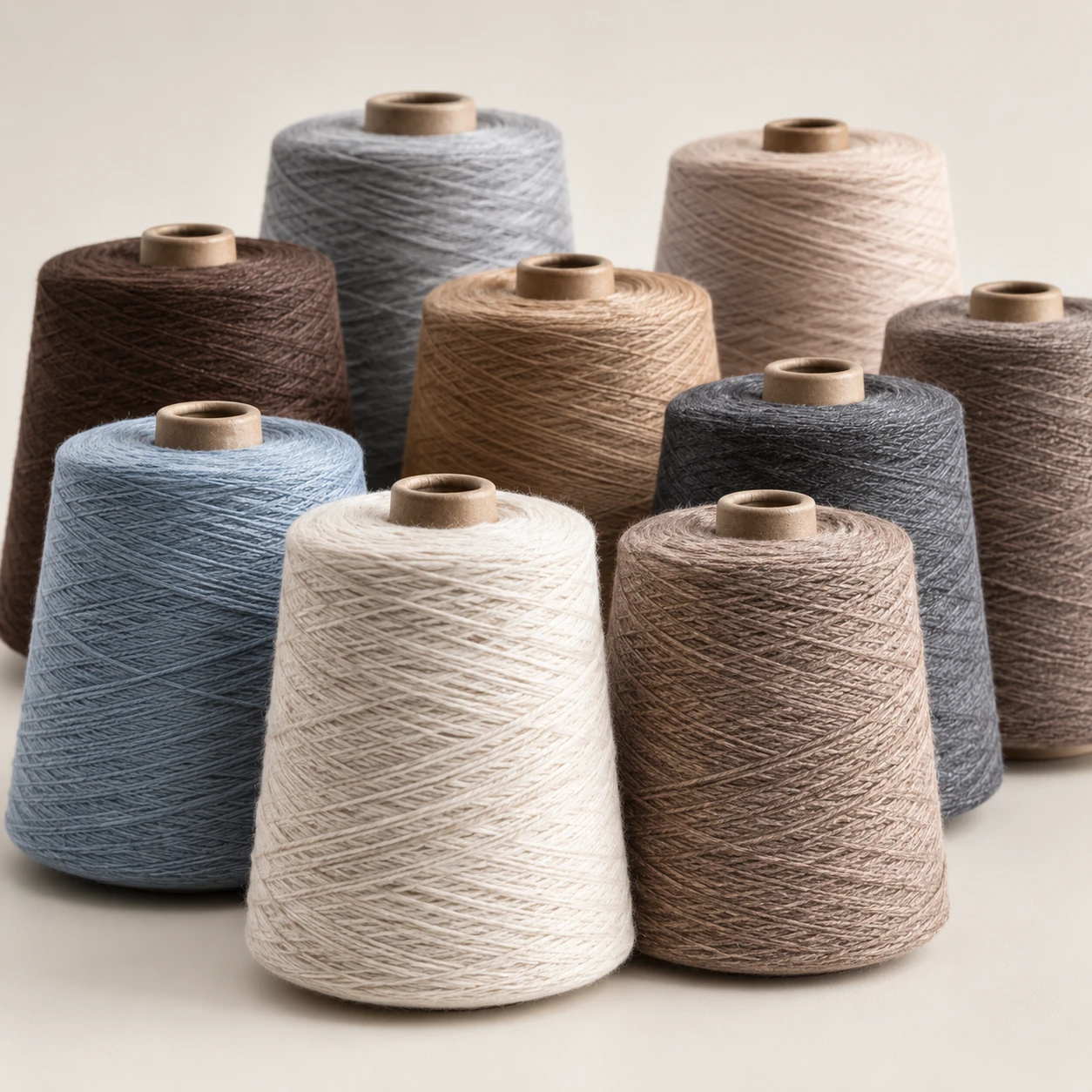 Yarn cones in neutral and muted colors