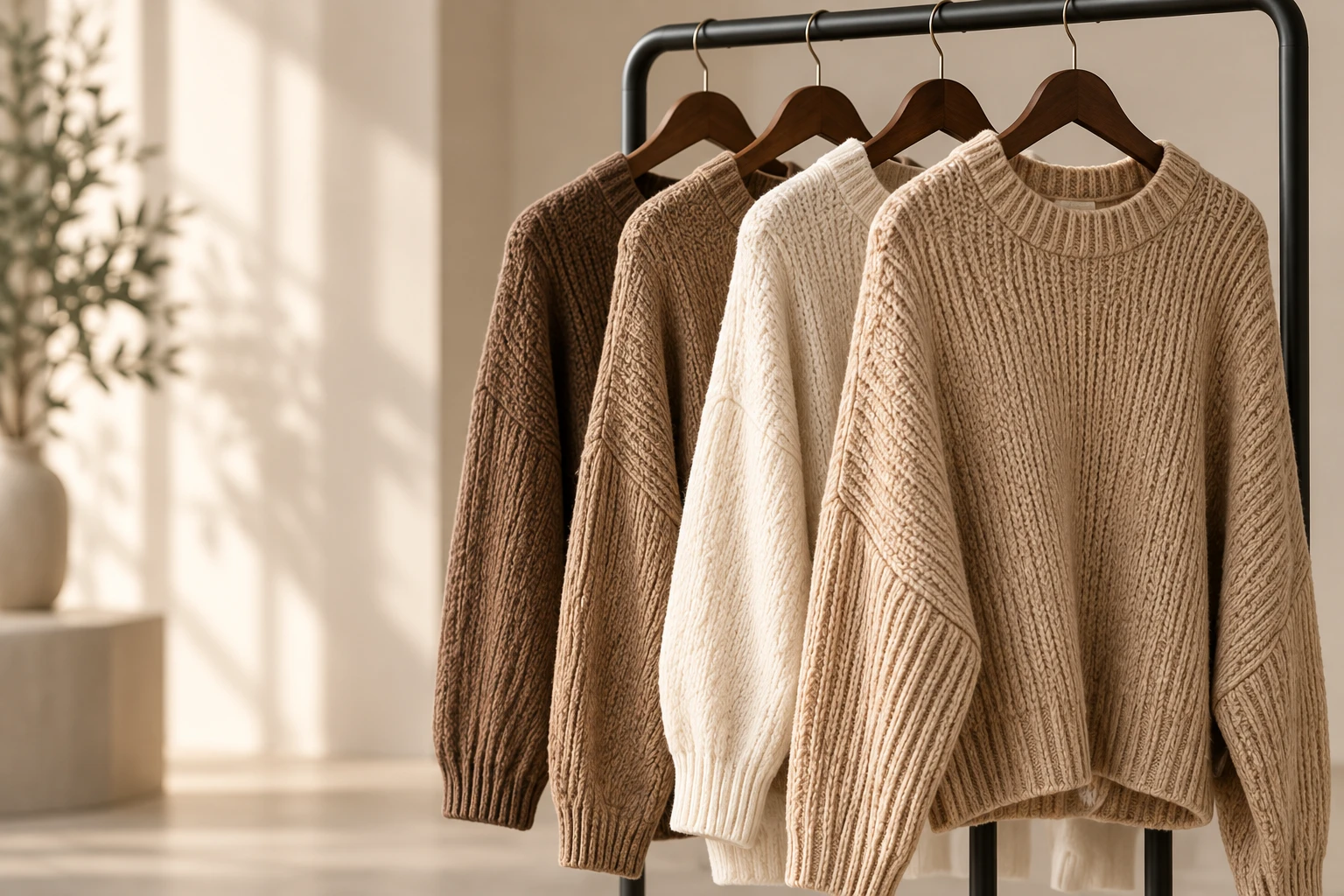 Neutral knit sweaters on wooden hangers