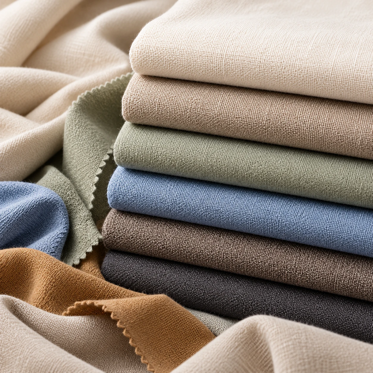 Layered fabric samples in muted colors
