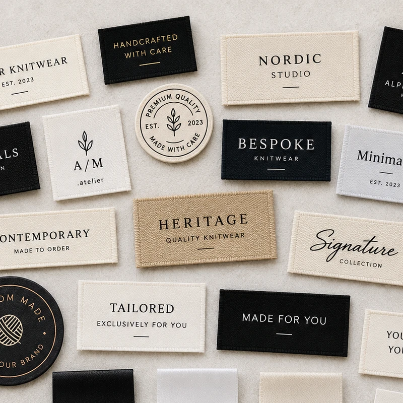Illustrative woven labels and packaging without origin or composition claims