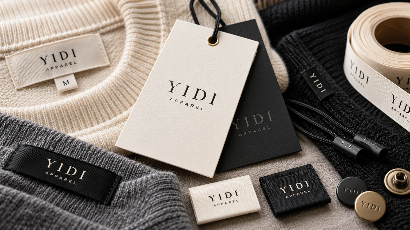 Illustration of YIDI Apparel hangtags, woven labels and trims on neutral knit fabrics