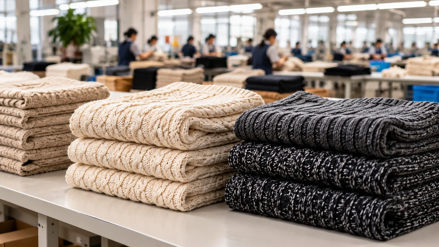 Illustration of folded light and dark sweaters in a production setting