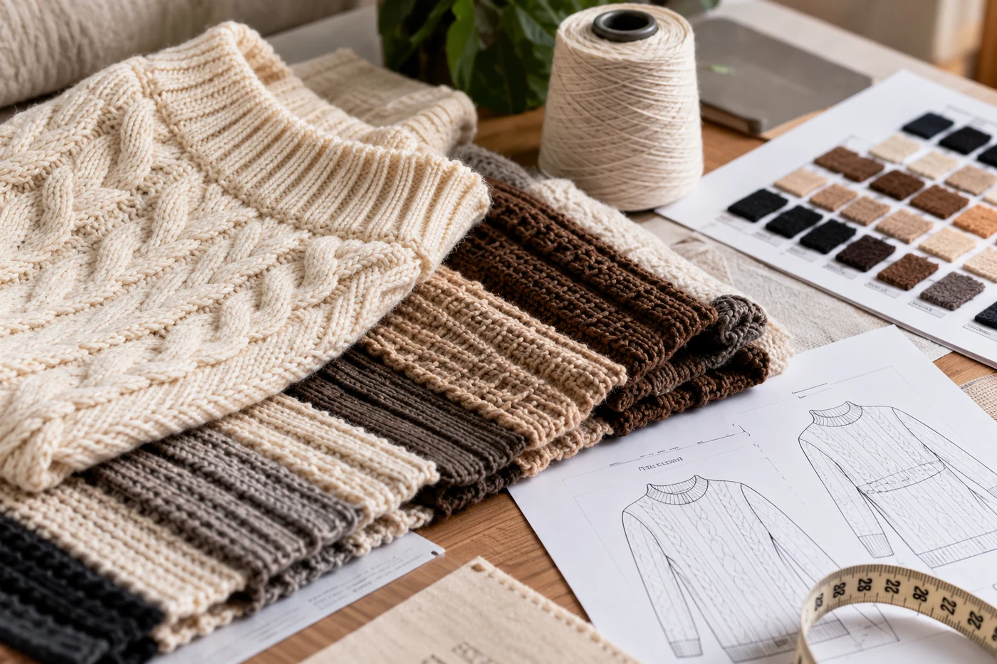 Illustration of a cable-knit sweater, yarn, swatches and design drawings on a knitwear development table