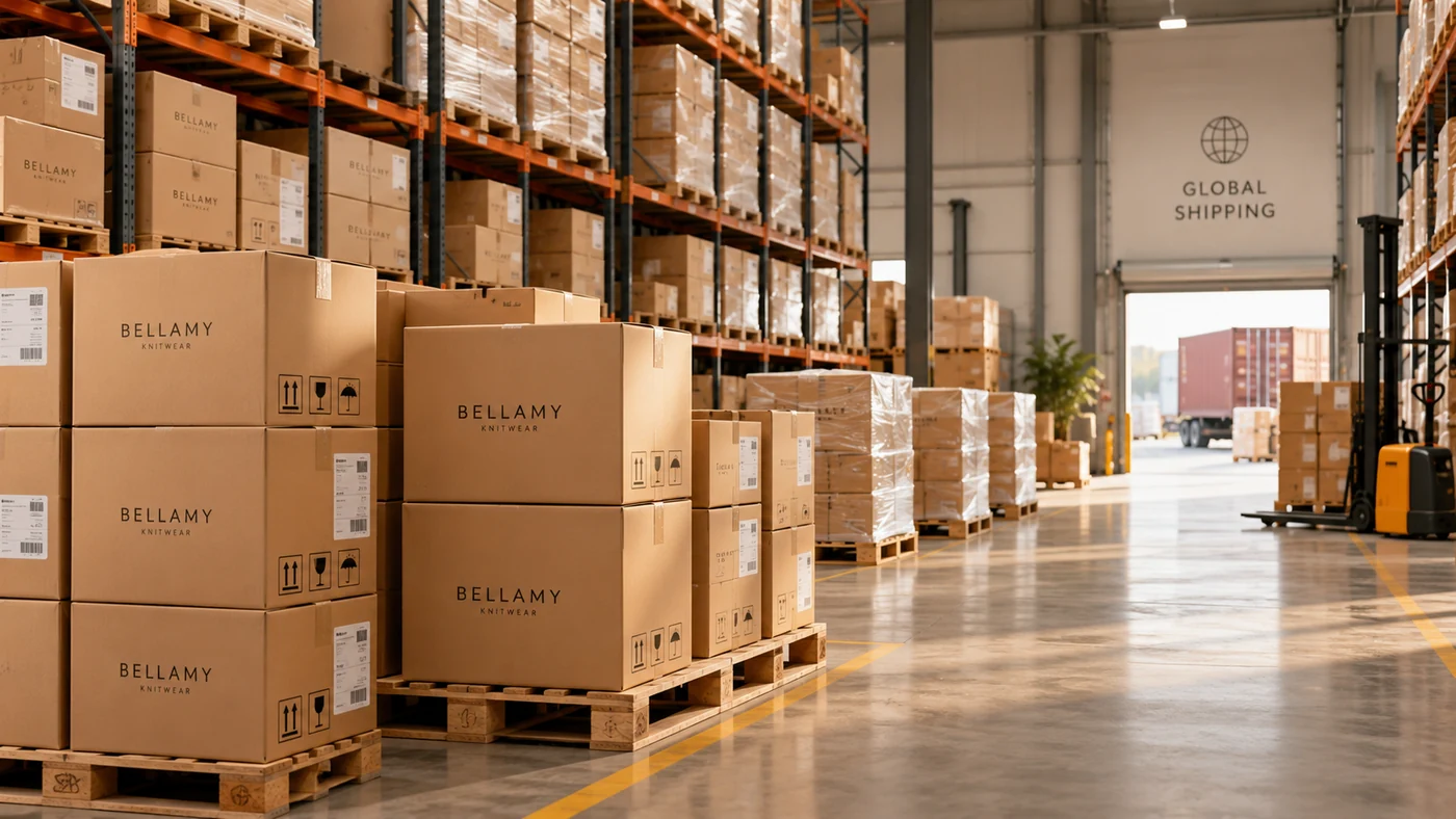 Illustration of shipping cartons arranged on pallets in a warehouse