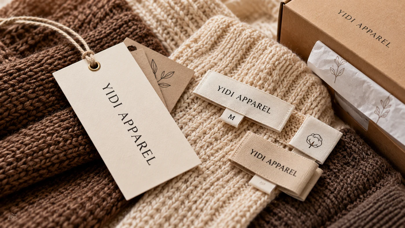 Illustration of YIDI Apparel hangtags, woven labels and packaging on neutral knitwear