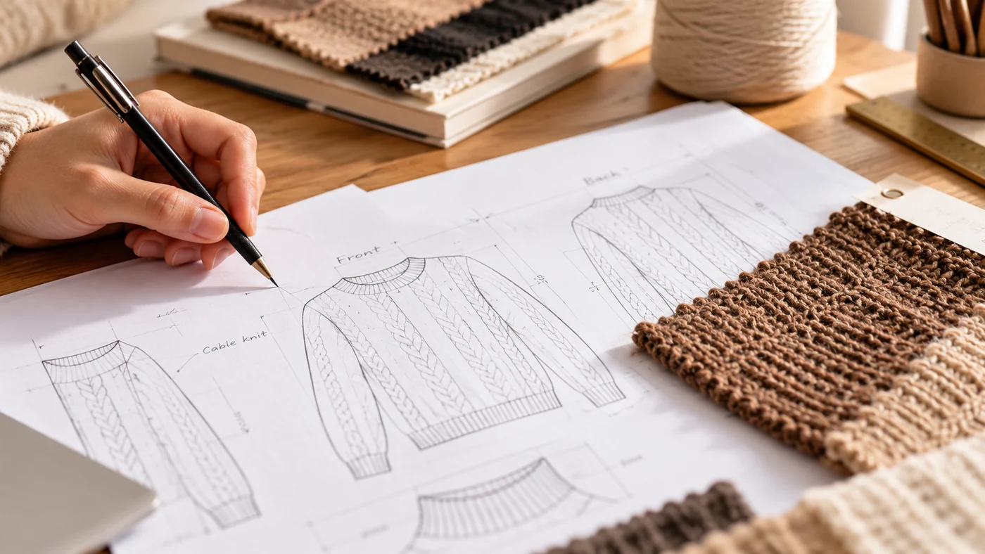 Illustration of a hand drawing a cable-knit sweater design beside knitted swatches