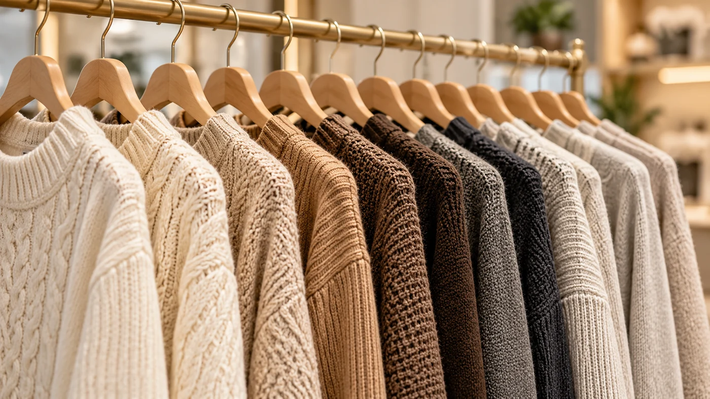Illustration of cream, camel and dark knitted sweaters on wooden hangers
