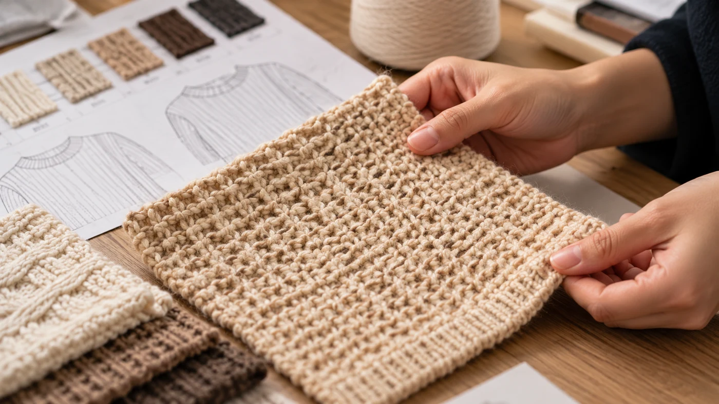 Illustration of hands reviewing a beige knit swatch beside sweater drawings