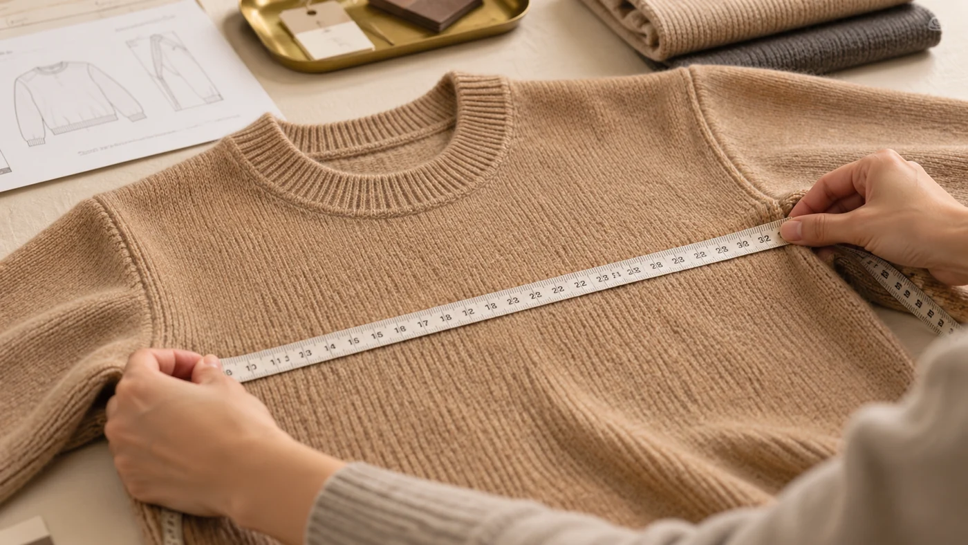 Illustration of hands checking a camel sweater with a measuring tape