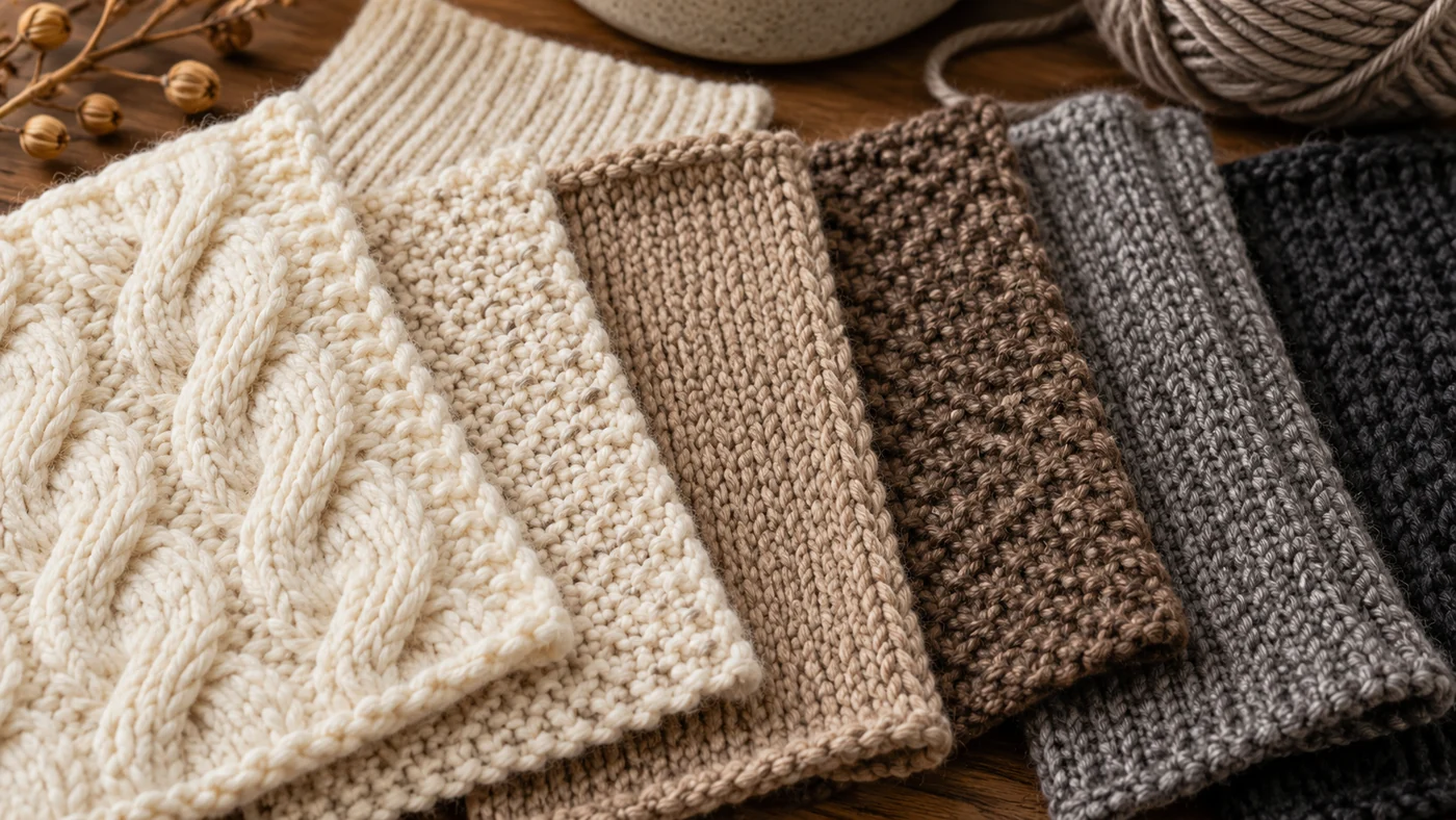 Illustration of cream, taupe, brown and grey knit swatches with varied stitch textures