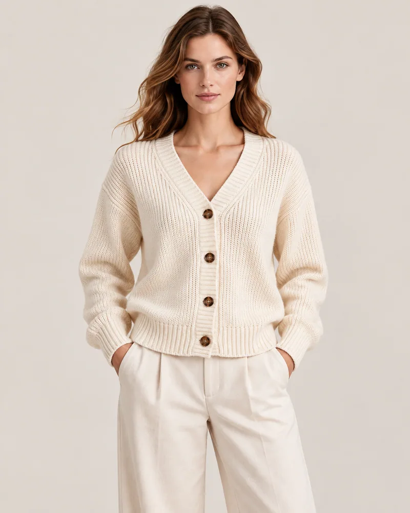 Cream V-neck cardigan with brown front buttons