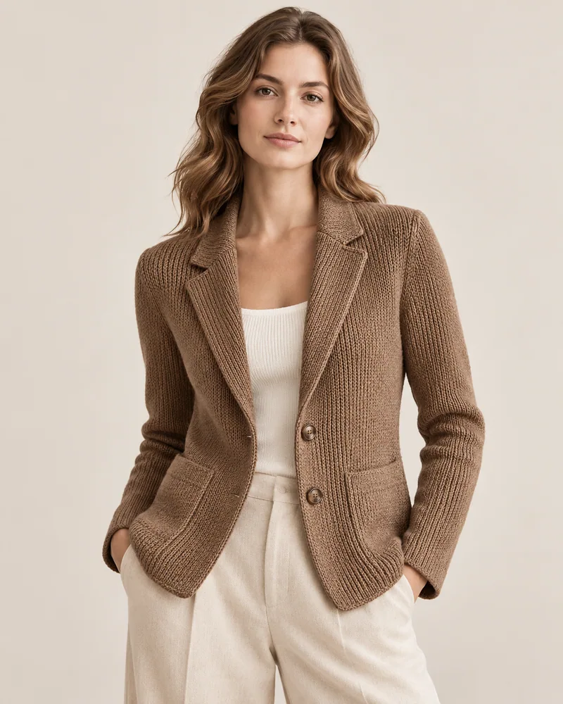 Brown knitted blazer with lapels, buttons and patch pockets