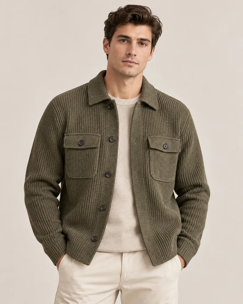 Olive-green button-front knit jacket with chest pockets