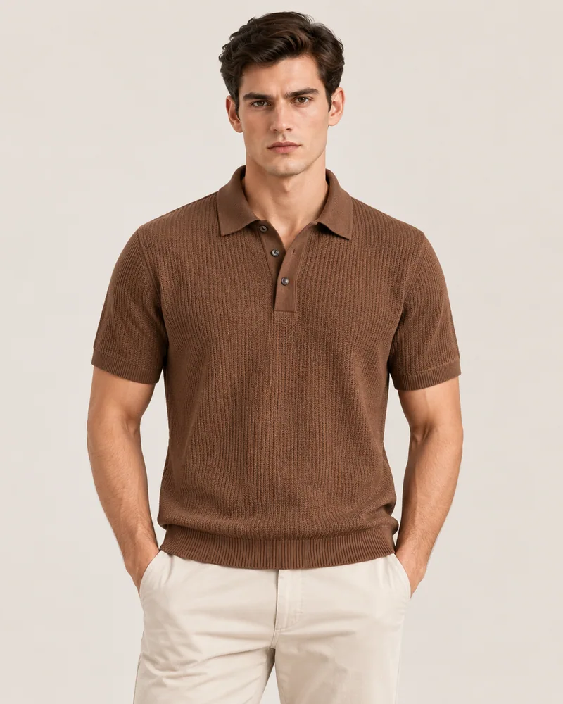 Brown short-sleeve knitted polo shirt with a button placket