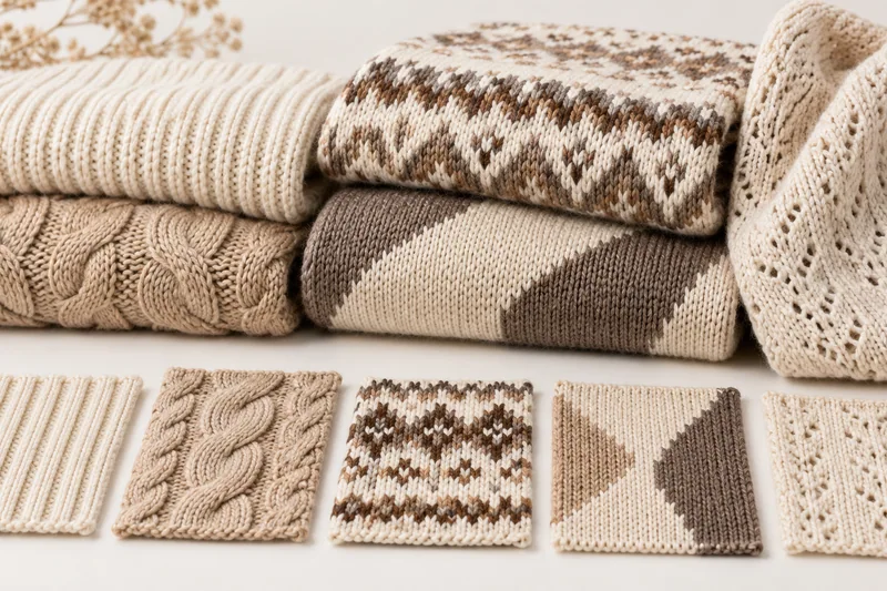 Rib, cable, jacquard, intarsia and openwork knit structure samples