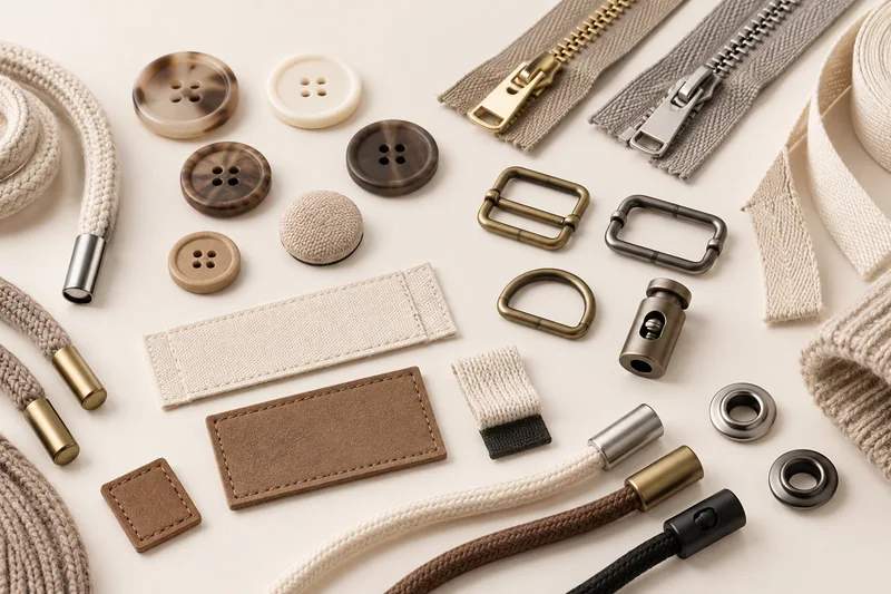 Buttons, zippers, blank labels, buckles and cords for knitwear finishing