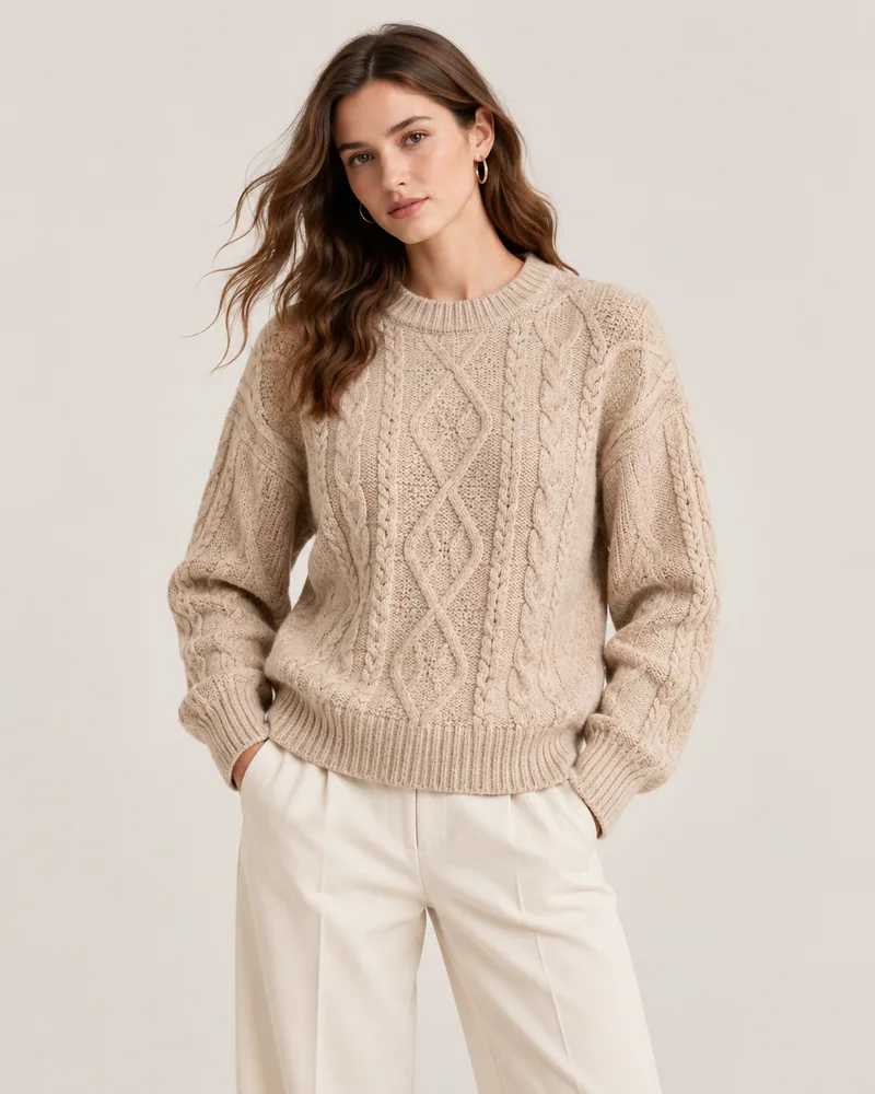 Woman wearing a cream cable-knit pullover sweater