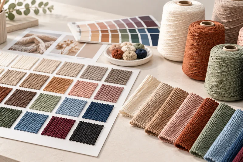 Knitted color swatches with yarn cones and color reference cards