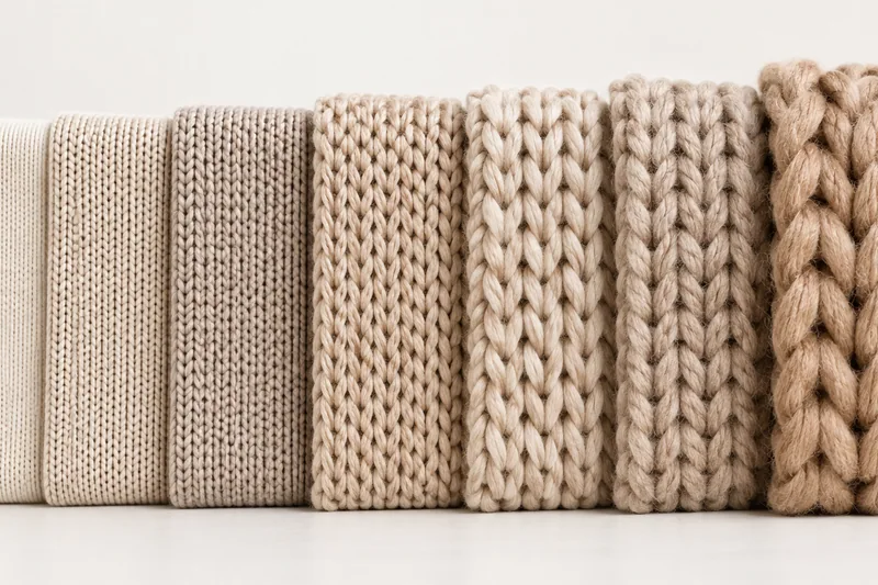Fine to chunky knitted fabrics arranged from narrow to thick stitches