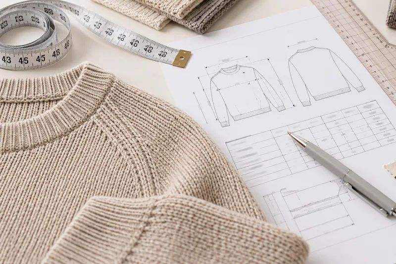Knitted sweater, measurement tape and garment specification sketches