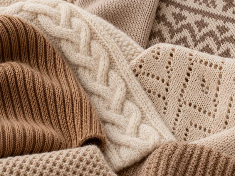 Close-up of rib, cable and pointelle knit textures in warm neutral colors